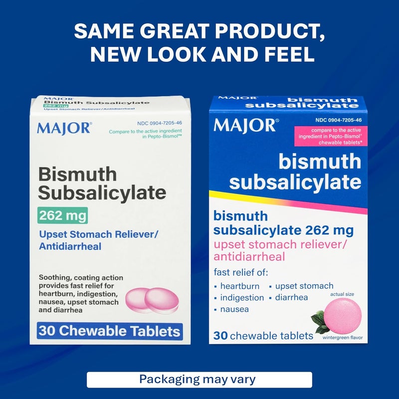 MAJOR Bismuth Subsalicylate 262 mg Chewables - Offers Heartburn, Indigestion, Nausea, Diarrhea, and Upset Stomach Relief - Anti-diarrheal - 30 Chewable Tablets (2 Pack) - Image 3